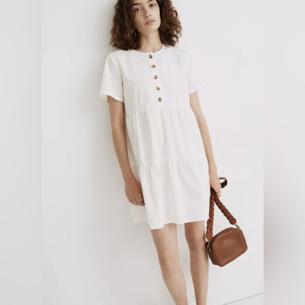 Madewell Babydoll Tiered Mini Button White Cotton Dress Summer Beach Coastal M
